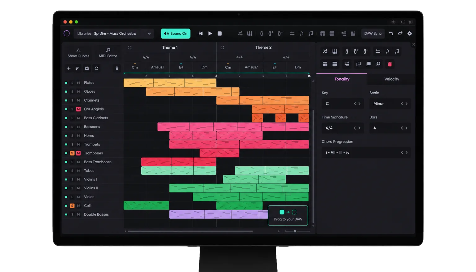 The OrchestraX timeline: orchestral instrument tracks with generated clips